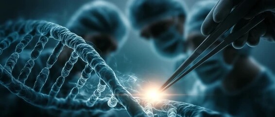 In the operating room, a swirling DNA helix directs three surgeons as they make an incision on a patient's chest. - Powered by Adobe