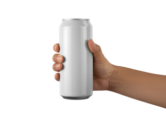 A close up shot of a hand holding a sleek, white aluminum soda can, mockup of a refreshing beverage in a minimal design, with a blank label for branding