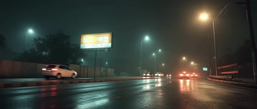 The scene begins with the camera orbiting a signboard and lamppost on a nighttime road while particles float.