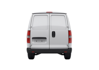 Rear view of a white cargo van with closed doors, showing brake lights and a blank license plate area against transparent background
