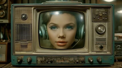displaying a vintage CRT television set with speaker grille and knobs that depicts Gril's face in a studio. - Powered by Adobe