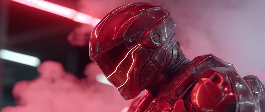 Under neon lights, an armored figure with visor panels, chest modules, and plating stands in a studio.