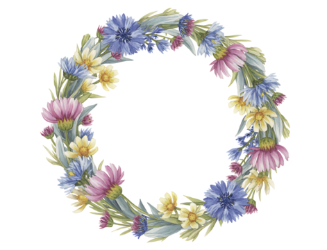 Watercolor illustration of a circular floral wreath featuring a variety of colorful wildflowers isolated on a transparent background