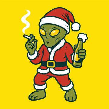 Drunk Alien Santa Smokes and Drinks
