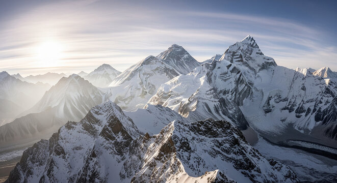 Majestic Snow-capped Mountain Peaks Under Bright Sunlight, Himalayan Range