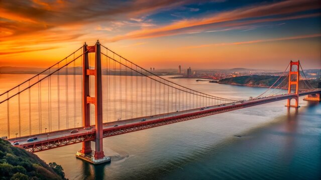 Golden gate bridge at sunset with dramatic orange sky