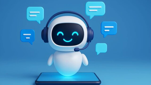 Engaging Chatbot Technology Friendly Character with Headset on Smartphone Surrounded by Speech Bubbles Enhancing Ecommerce Communication and Support