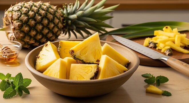 Preparing Pineapple Fruit with Honey and Mint for a Healthy Snack - Powered by Adobe