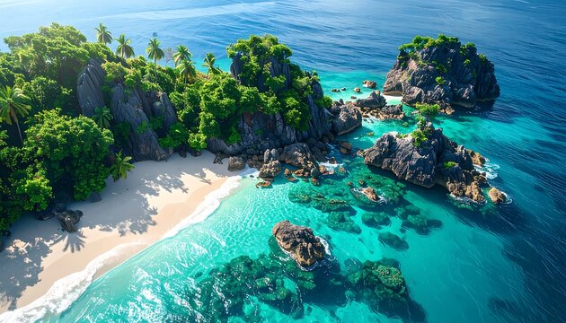 Aerial view of a tropical island, turquoise water, rocky cliffs covered in lush green vegetation, and a sandy beach