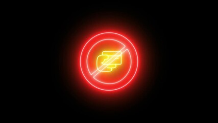 Glowing neon no card payment transaction motion graphic of cash only no credit debit card with a restriction sign symbol icon on black background 4kl animation video...