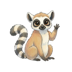 Obraz premium Cute Ring Tailed Lemur Waving Hand Sitting Isolated On Transparent Background In Studio Lighting