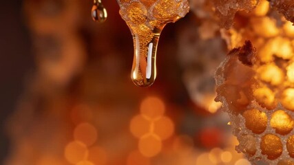 Close-up of golden amber honey dripping from a beehive under warm sunlight. - Powered by Adobe