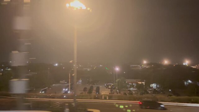 Skytrain at Soekarno Hatta Airport, Jakarta, Indonesia at night.