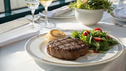 Elegant grilled steak dinner with fresh salad and garlic bread, ideal for upscale restaurant menus, fine dining promotions, food blogs, gourmet meal ads, or culinary magazine features