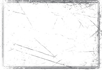 Grey distressed rectangular frame with scattered scratches and speckles on white background grunge texture