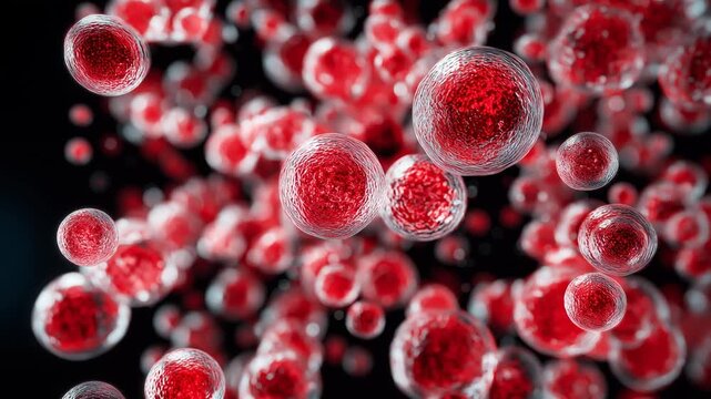 A macro photo of red microalgae Haematococcus pluvialis floating on clear water. Featuring luminous ruby-colored cells and translucent structures.