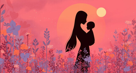 a mother holding her child in the distance, surrounded by beautiful flowers
