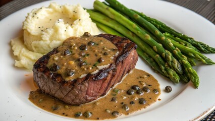 Grilled steak with peppercorn sauce, mashed potatoes, and asparagus, perfect for steakhouse menus, gourmet dinner promotions, food blogs, fine dining content, or premium recipe features