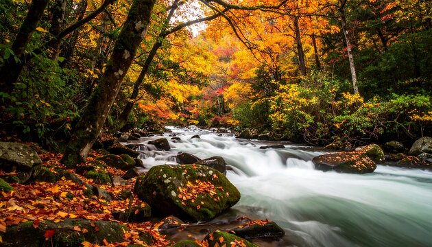A flowing stream winds through a vibrant autumn forest - Powered by Adobe