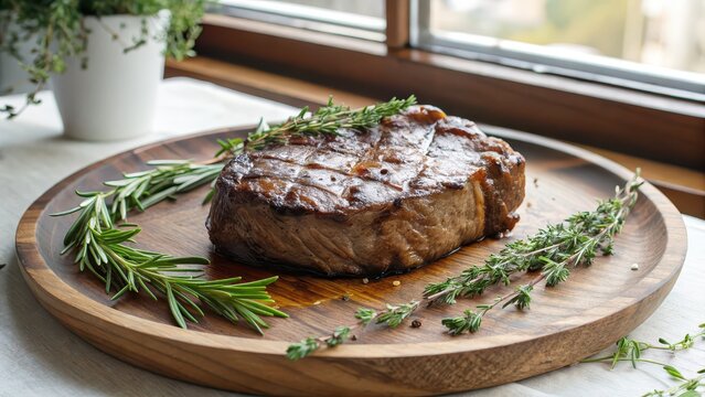 Grilled steak with fresh rosemary on wooden serving plate, perfect for steakhouse branding, food blog headers, rustic kitchen decor, recipe books, or premium culinary advertising materials