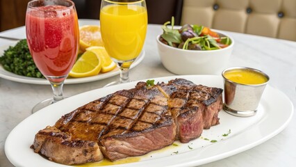 Grilled steak with orange sauce, fresh juice, and side salad, perfect for upscale brunch menus, hotel dining promotions, health-conscious meal ads, steakhouse content, or restaurant marketing visuals