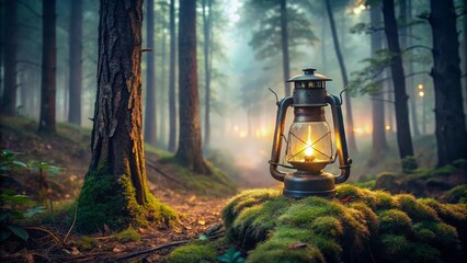 Illuminated lantern in a misty forest setting