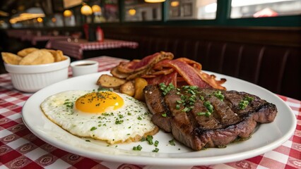 Classic American steak and eggs breakfast with bacon and potatoes, perfect for diner menu designs, breakfast ads, morning meal blogs, protein-rich diet features, or traditional comfort food promotions