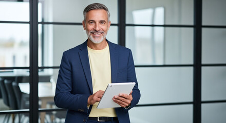 Smiling middleaged businessman with gray hair and beard holding a tablet in a modern office