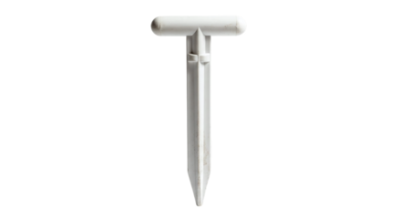White plastic garden peg, used to secure weed control fabric, netting, or other materials in place