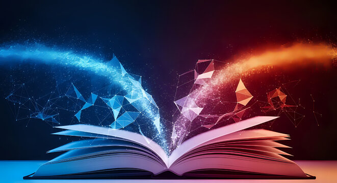 Open book with digital technology concept for education learning and knowledge spreading idea of innovation on transparent background
