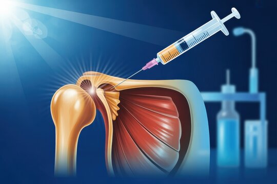 Medical illustration of shoulder joint injection offers hope for pain relief and improved mobility, showing modern healthcare solutions