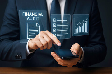 Financial audit process visualized on a smartphone with holographic charts and checklists businessman