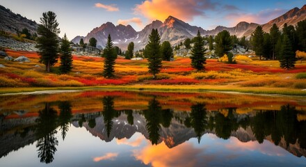 Stunning Mountain Landscape with Lake Reflection at Sunset
