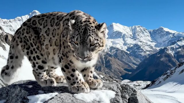 A snow leopard sits atop a rocky snowdusted crag set against a backdrop of towering snowcovered mountains beneath a clear blue sky