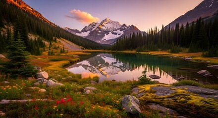 Stunning Mountain Landscape with Lake Reflection at Sunset