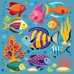Naklejka premium “Colorful Tropical Fish Collection Cute Cartoon Sea Life Vector Illustration”