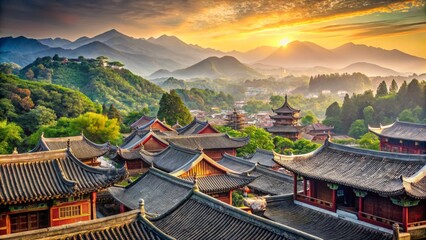 Golden sunrise over ancient chinese village nestled in misty mountains