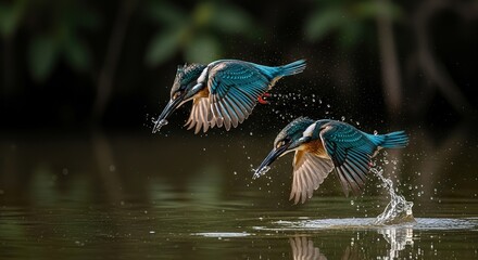 Obraz premium Two Crested Kingfishers diving toward water, dynamic energy, fine art lighting