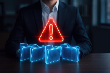 Glowing red warning sign above blue digital folders indicating a data security threat danger alert