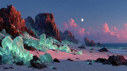 Crystal desert canyon under aurora sky, shimmering turquoise crystals replacing sand dunes, volumetric moonlight, fantasy illustration.