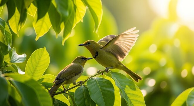 Two Golden-fronted Leafbirds interacting among sunlit leaves, glowing greens, shallow DOF magic