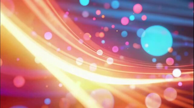 The video captures a vibrant display of colorful light streaks intertwined with glowing orbs against a dark background