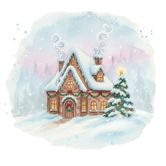 Fototapeta premium Cozy winter cottage decorated for Christmas, surrounded by snow and evergreen trees, with smoke rising from the chimney