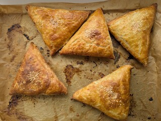 Meat and sesame pies. Top view.