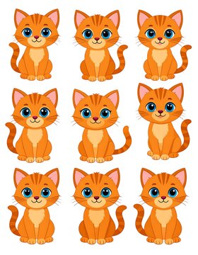 Nine cartoon orange cats with blue eyes in a grid formation