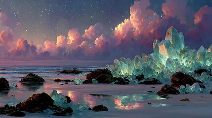 Crystal desert canyon under aurora sky, shimmering turquoise crystals replacing sand dunes, volumetric moonlight, fantasy illustration.