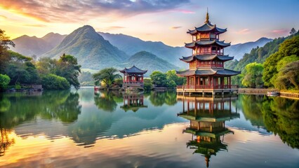 Serene pagoda reflection in a tranquil asian lake at sunset