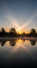 A tranquil sunrise over a calm body of water with silhouettes of trees and a mirror-like reflection creating a peaceful natural scene