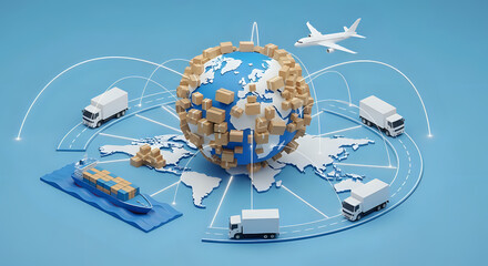 Global logistics and supply chain management world trade distribution network transportation illustration on transparent background