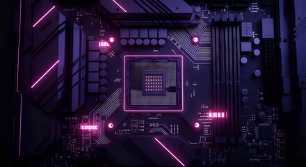 Motherboard pc gaming computer components hardware technology electronics cpu socket purple neon lights on transparent background